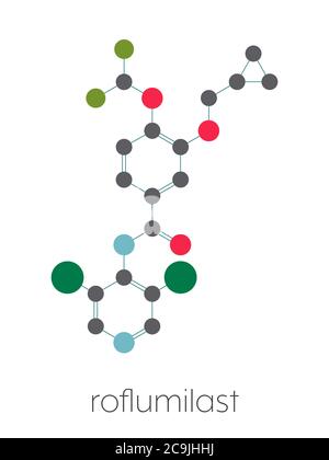 Roflumilast COPD drug molecule (PDE4 inhibitor). Stylized skeletal formula (chemical structure). Atoms are shown as color-coded circles connected by t Stock Photo