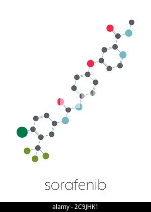 Sorafenib cancer drug molecule. Tyrosine kinase inhibitor (TKI). Stylized skeletal formula (chemical structure). Atoms are shown as color-coded circle Stock Photo