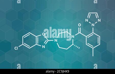 Suvorexant insomnia drug (sleeping pill) molecule. Dual orexin receptor antagonist (DORA) White skeletal formula on dark teal gradient background with Stock Photo