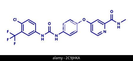 Sorafenib cancer drug molecule. Tyrosine kinase inhibitor (TKI). Blue skeletal formula on white background. Stock Photo