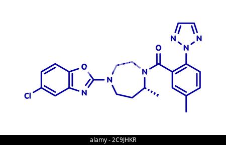 Suvorexant insomnia drug (sleeping pill) molecule. Dual orexin receptor antagonist (DORA) Blue skeletal formula on white background. Stock Photo