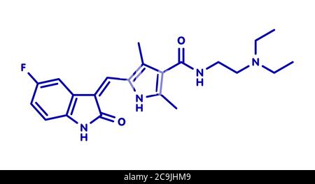 Sunitinib cancer drug molecule. White skeletal formula on dark teal ...