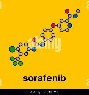 Sorafenib cancer drug molecule. Tyrosine kinase inhibitor (TKI). Stylized skeletal formula (chemical structure). Atoms are shown as color-coded circle Stock Photo