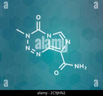 Temozolomide cancer chemotherapy drug molecule. White skeletal formula on dark teal gradient background with hexagonal pattern. Stock Photo