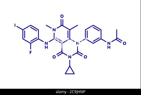 Trametinib melanoma cancer drug molecule. Blue skeletal formula on white background. Stock Photo