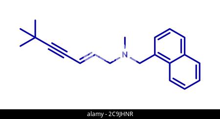 Terbinafine antifungal drug molecule. Blue skeletal formula on white background. Stock Photo