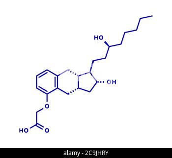 Treprostinil pulmonary arterial hypertension drug molecule. Synthetic analogue of prostacyclin (PGI2). Blue skeletal formula on white background. Stock Photo