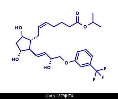 Travoprost eye disease drug molecule. Used in treatment of glaucoma and ocular hypertension. Blue skeletal formula on white background. Stock Photo