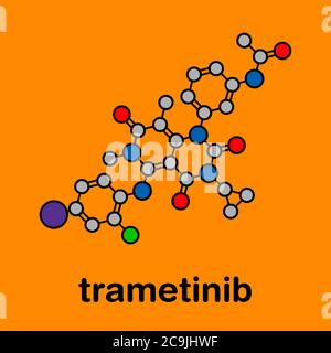 Trametinib melanoma cancer drug molecule. Stylized skeletal formula (chemical structure). Atoms are shown as color-coded circles with thick black outl Stock Photo