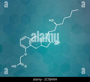 Treprostinil pulmonary arterial hypertension drug molecule. Synthetic analogue of prostacyclin (PGI2). White skeletal formula on dark teal gradient ba Stock Photo