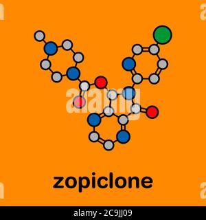 Zopiclone insomnia drug (sleeping pill, z-drug) molecule. Stylized skeletal formula (chemical structure). Atoms are shown as color-coded circles with Stock Photo