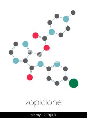 Zopiclone insomnia drug (sleeping pill, z-drug) molecule. Stylized skeletal formula (chemical structure). Atoms are shown as color-coded circles conne Stock Photo