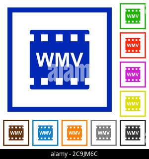 WMV movie format flat color icons in square frames on white background Stock Vector