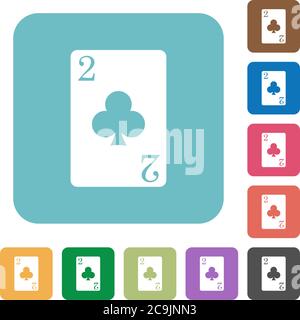 Two of clubs card white flat icons on color rounded square backgrounds Stock Vector