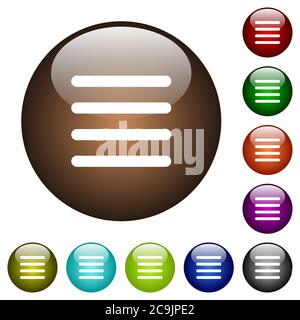 Text align justify white icons on round color glass buttons Stock Vector