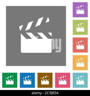Clapperboard flat icons on simple color square backgrounds Stock Vector