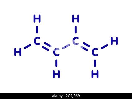Butadiene (1,3-butadiene) synthetic rubber building block molecule. Used in synthesis of polybutadiene, ABS and other polymeric materials. Blue skelet Stock Photo