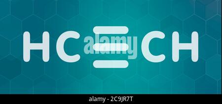 Acetylene (ethyne) molecule. Used in oxy-acetylene welding. White skeletal formula on dark teal gradient background with hexagonal pattern. Stock Photo