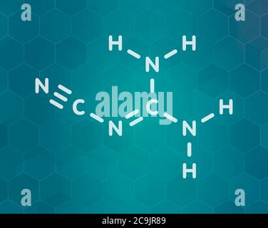 Dicyandiamide (2-cyanoguanidine, DCD) molecule. Used as fertilizer and in chemical synthesis. White skeletal formula on dark teal gradient background Stock Photo