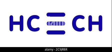 Acetylene (ethyne) molecule. Used in oxy-acetylene welding. Blue skeletal formula on white background. Stock Photo