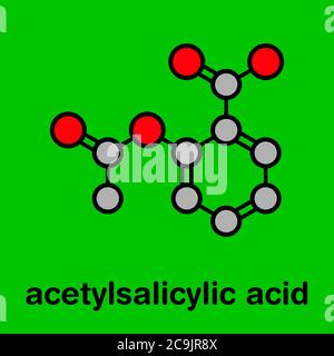 Acetylsalicylic acid (aspirin) drug molecule. Stylized skeletal formula (chemical structure). Atoms are shown as color-coded circles with thick black Stock Photo