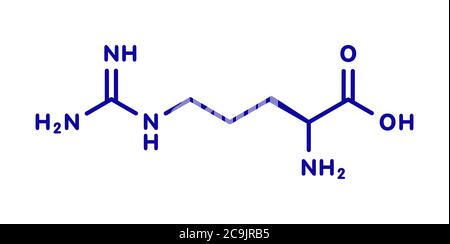 Arginine (L-arginine, Arg, R) amino acid molecule. Blue skeletal formula on white background. Stock Photo