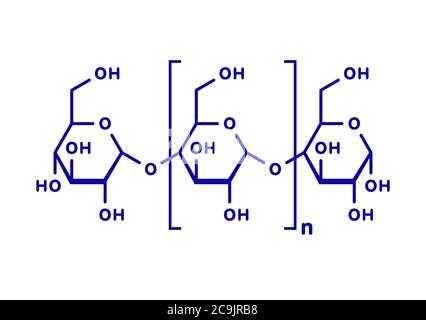Amylose polysaccharide polymer, chemical structure. Component of starch (in addition to amylopectin). Blue skeletal formula on white background.