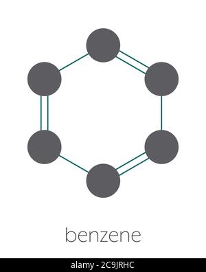 Benzene aromatic hydrocarbon molecule. Stylized skeletal formula (chemical structure). Atoms are shown as color-coded circles connected by thin bonds, Stock Photo