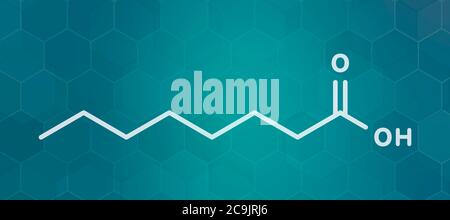 Caprylic (octanoic) acid molecule. Common saturated medium-chain fatty acid. White skeletal formula on dark teal gradient background with hexagonal pa Stock Photo