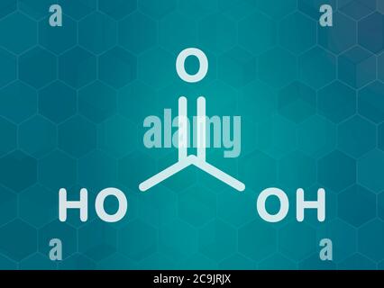 Carbonic acid molecule. Formed when carbon dioxide is dissolved in water (carbonated water). White skeletal formula on dark teal gradient background w Stock Photo