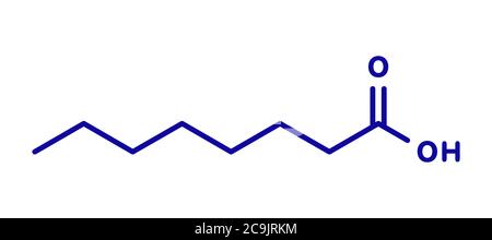 Caprylic (octanoic) acid molecule. Common saturated medium-chain fatty acid. Blue skeletal formula on white background. Stock Photo