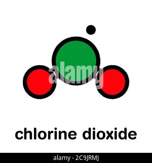 Chlorine dioxide (ClO2) molecule. Used in pulp bleaching and for disinfection of drinking water. Stylized skeletal formula (chemical structure). Atoms Stock Photo