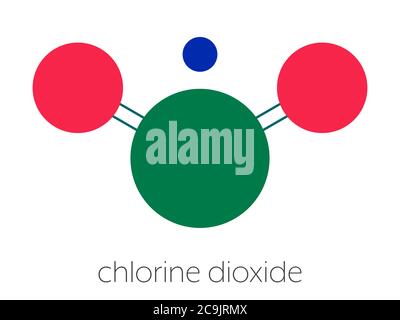 Chlorine dioxide (ClO2) molecule. Used in pulp bleaching and for disinfection of drinking water. Stylized skeletal formula (chemical structure). Atoms Stock Photo