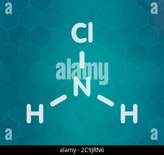 Chloramine (monochloramine) disinfectant molecule. Readily decomposes, resulting in hypochlorous acid formation. White skeletal formula on dark teal g Stock Photo