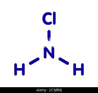 Chloramine (monochloramine) disinfectant molecule. Readily decomposes, resulting in hypochlorous acid formation. Blue skeletal formula on white backgr Stock Photo