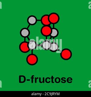 Fructose (D-fructose) fruit sugar molecule. Component of high-fructose corn syrup (HFCS). Stylized skeletal formula (chemical structure). Atoms are sh Stock Photo