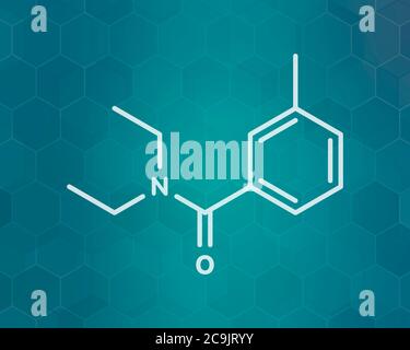 DEET (diethyltoluamide, N,N-Diethyl-meta-toluamide) insect repellent molecule. White skeletal formula on dark teal gradient background with hexagonal Stock Photo