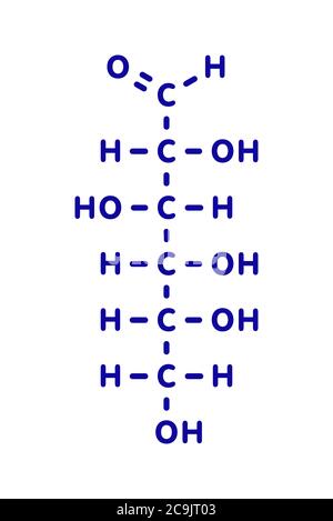 Glucose (D-glucose, dextrose) grape sugar molecule. Blue skeletal formula on white background. Stock Photo