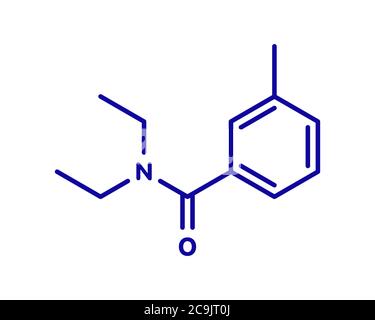 DEET (diethyltoluamide, N,N-Diethyl-meta-toluamide) insect repellent molecule. Blue skeletal formula on white background. Stock Photo
