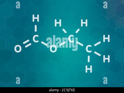 Ethyl formate (ethyl methanoate) molecule. White skeletal formula on ...