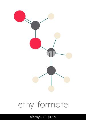 Ethyl formate (ethyl methanoate) molecule. Stylized skeletal formula (chemical structure). Atoms are shown as color-coded circles connected by thin bo Stock Photo