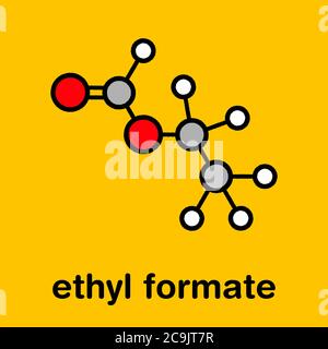 Ethyl formate (ethyl methanoate) molecule. Stylized skeletal formula (chemical structure). Atoms are shown as color-coded circles with thick black out Stock Photo