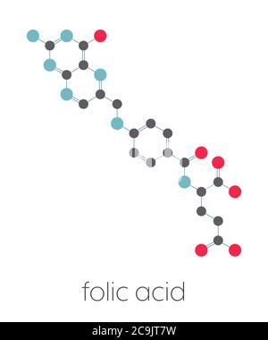 Vitamin B9 (folic acid) molecule. Stylized skeletal formula (chemical structure). Atoms are shown as color-coded circles connected by thin bonds, on a Stock Photo