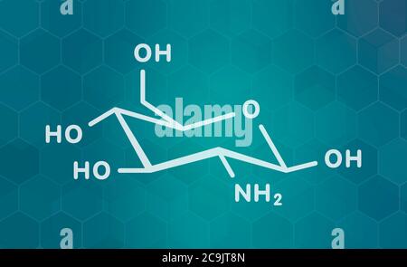 Glucosamine dietary supplement molecule. Used in treatment of osteoarthritis. White skeletal formula on dark teal gradient background with hexagonal p Stock Photo