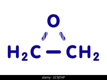 Ethylene oxide (oxirane) molecule. Uses include sterilization of medical devices and as a precursor of polymers. Blue skeletal formula on white backgr Stock Photo