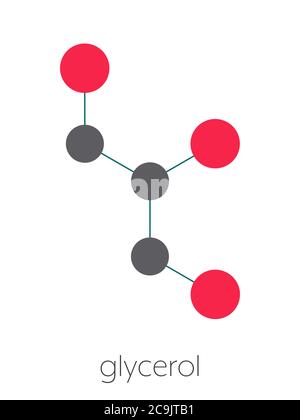 Glycerol (glycerin) molecule. Produced from fat and oil triglycerides. Used as sweetener, solvent and preservative in food and drugs. Stylized skeleta Stock Photo