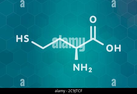 Homocysteine (Hcy) biomarker molecule. Increased levels indicate elevated risk of cardiovascular disease. White skeletal formula on dark teal gradient Stock Photo