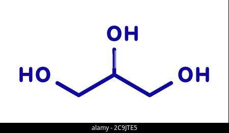 Glycerol (glycerin) molecule. Produced from fat and oil triglycerides. Used as sweetener, solvent and preservative in food and drugs. Blue skeletal fo Stock Photo