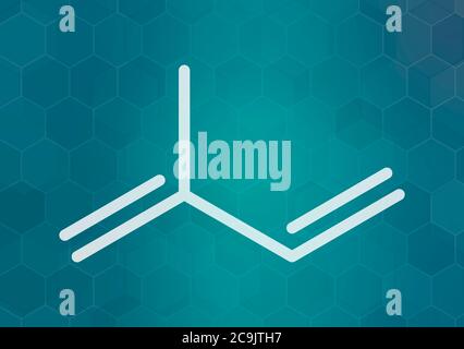 Isoprene, rubber (polyisoprene) building block (monomer). White skeletal formula on dark teal gradient background with hexagonal pattern. Stock Photo