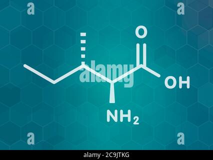 Isoleucine (L-isoleucine, Ile, I) amino acid molecule. White skeletal formula on dark teal gradient background with hexagonal pattern. Stock Photo